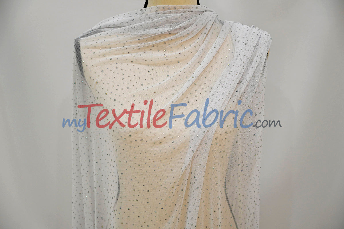 Rhinestone Stretch Power Mesh Fabric | Iridescent Crystal Embellished | Soft & Lightweight | 58″ Wide | Ideal for Dancewear & Costumes