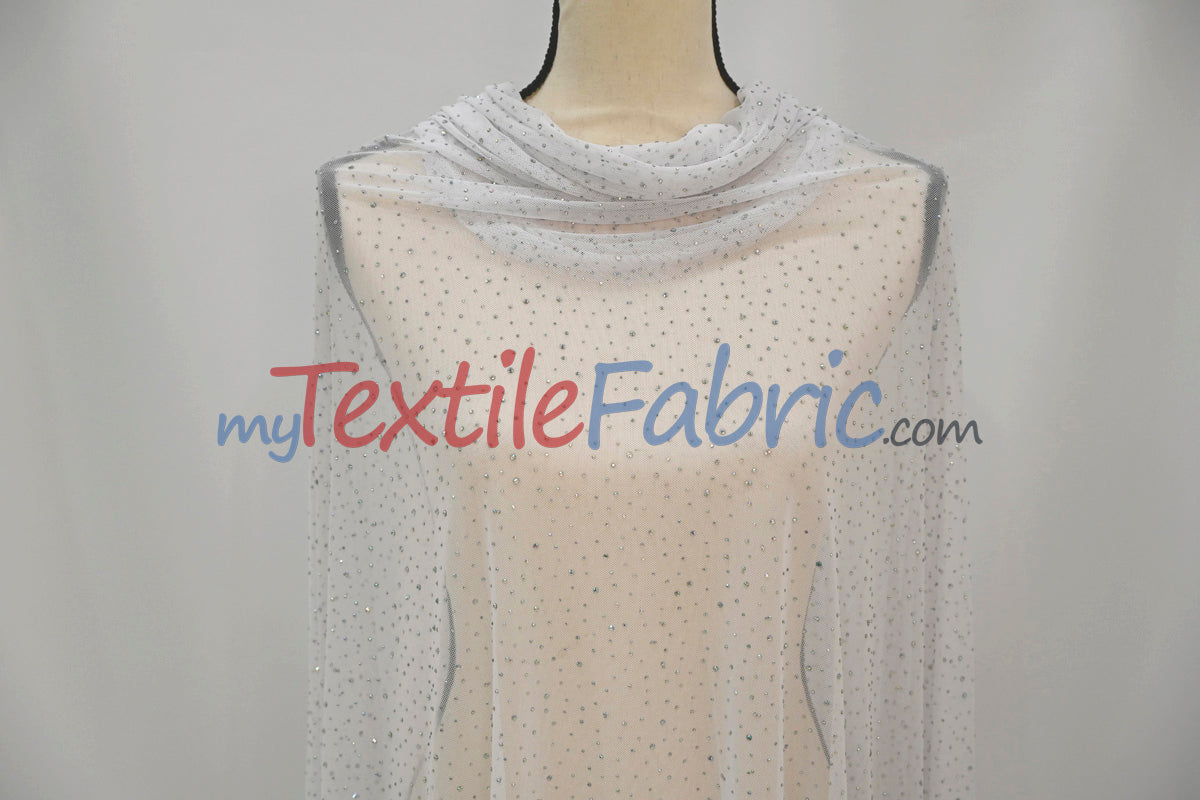 Rhinestone Stretch Power Mesh Fabric | Iridescent Crystal Embellished | Soft & Lightweight | 58″ Wide | Ideal for Dancewear & Costumes
