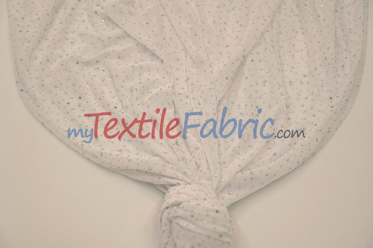 Rhinestone Stretch Power Mesh Fabric | Iridescent Crystal Embellished | Soft & Lightweight | 58″ Wide | Ideal for Dancewear & Costumes