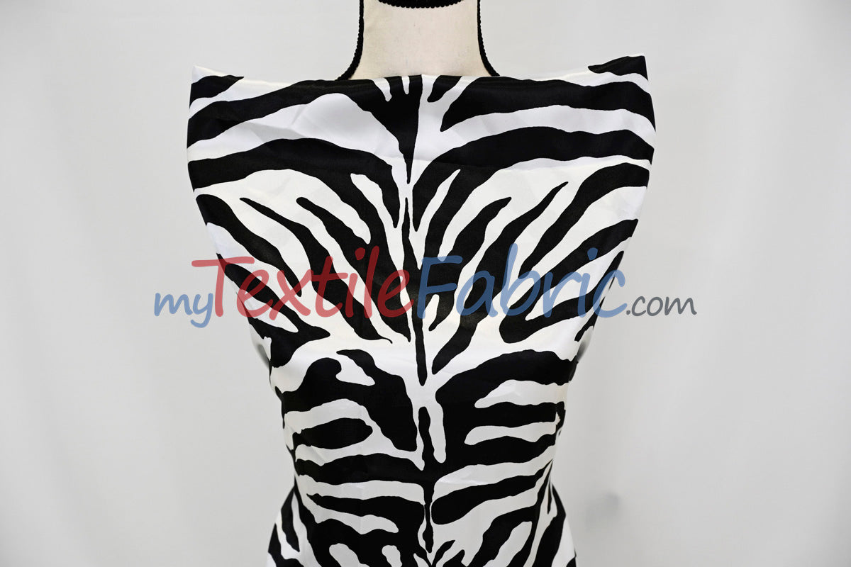 Black White Zebra Print Fabric | Zebra Satin Fabric | Dull Satin Print | 60" Wide |