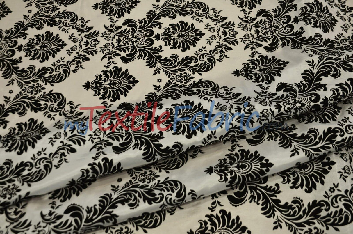 Damask Flocking Taffeta | Flocking Velvet Damask on Taffeta Fabric | 60" Wide | Curtains, Apparel, Cosplay, Costume, Decor | Fabric mytextilefabric Yards Ivory Black Damask