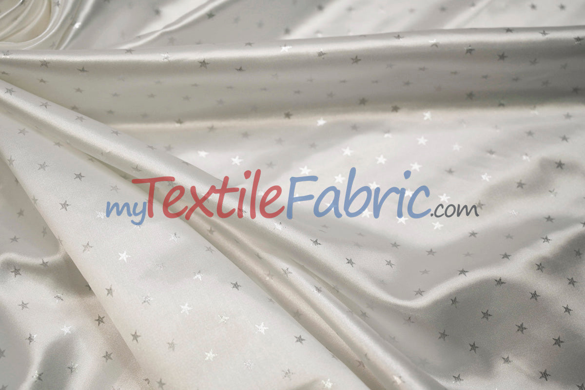 Mini Star Silky Satin Fabric | Soft Mini Star Charmeuse Fabric | 60" Wide | White Pink Mint |