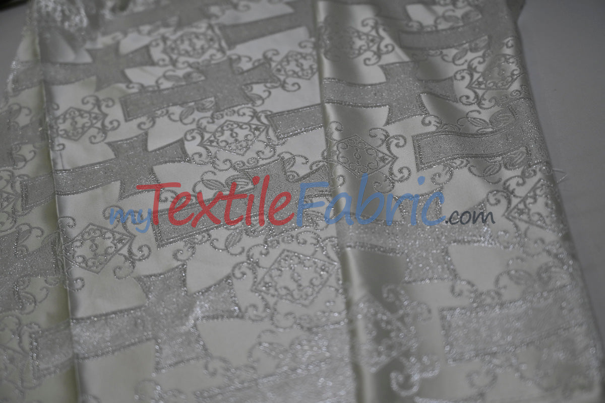 Religious Cross Brocade Fabric | 100% Polyester | 60" Wide | Elegant Liturgical Design