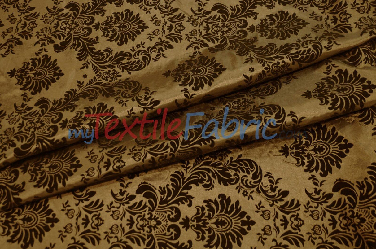 Damask Flocking Taffeta | Flocking Velvet Damask on Taffeta Fabric | 60" Wide | Curtains, Apparel, Cosplay, Costume, Decor | Fabric mytextilefabric Yards Gold on Black
