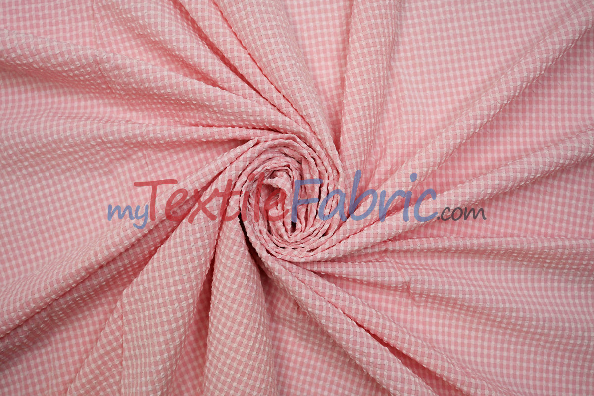 Gingham Seersucker Fabric | 100% Polyester | Mechanical Stretch | 57/59" Wide | Lightweight 115 GSM