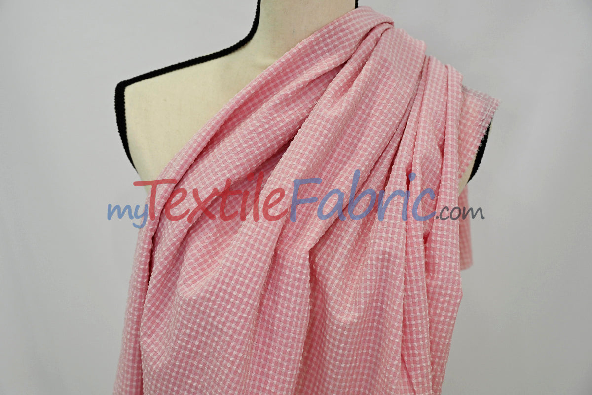 Gingham Seersucker Fabric | 100% Polyester | Mechanical Stretch | 57/59" Wide | Lightweight 115 GSM