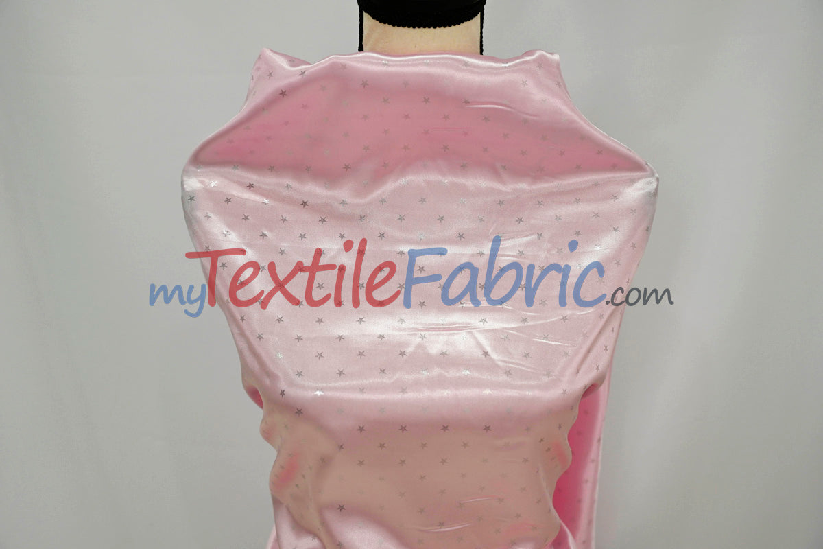 Mini Star Silky Satin Fabric | Soft Mini Star Charmeuse Fabric | 60" Wide | White Pink Mint |