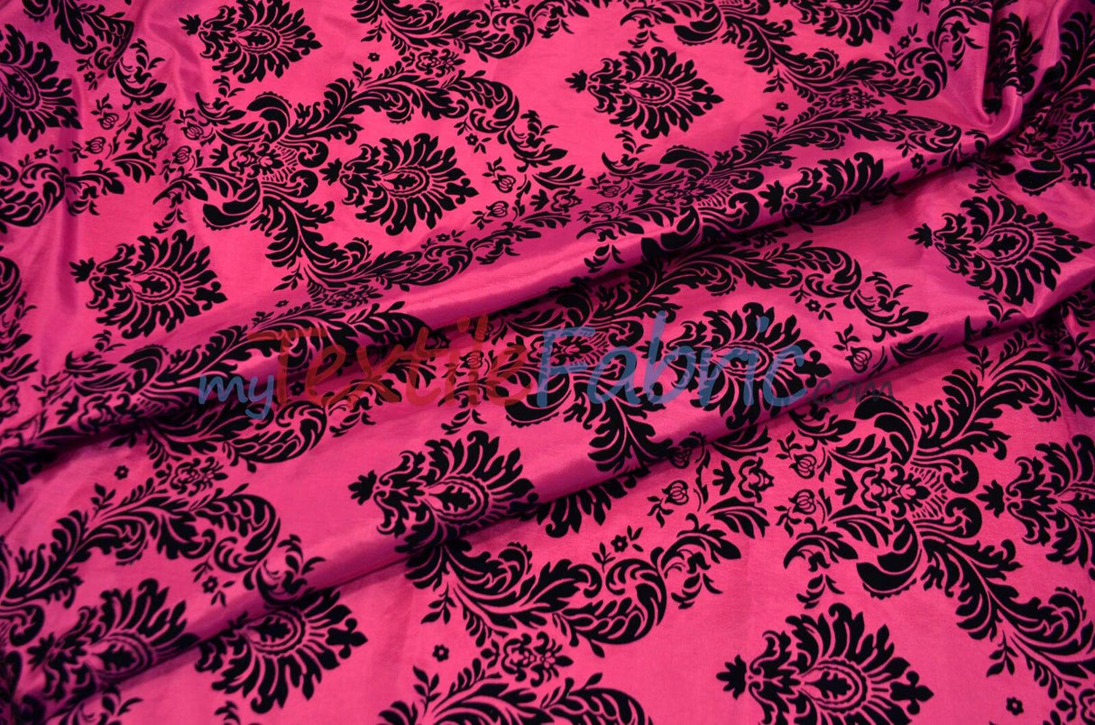 Damask Flocking Taffeta | Flocking Velvet Damask on Taffeta Fabric | 60" Wide | Curtains, Apparel, Cosplay, Costume, Decor | Fabric mytextilefabric Yards Fuchsia Damask