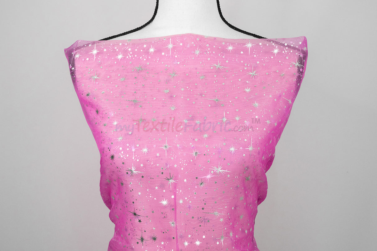 Shooting Star Foil Organza Fabric| 60" Wide | Sheer Organza with Foil Silver Metallic Star | Decor, Overlays, Accents, Dresses, Apparel |