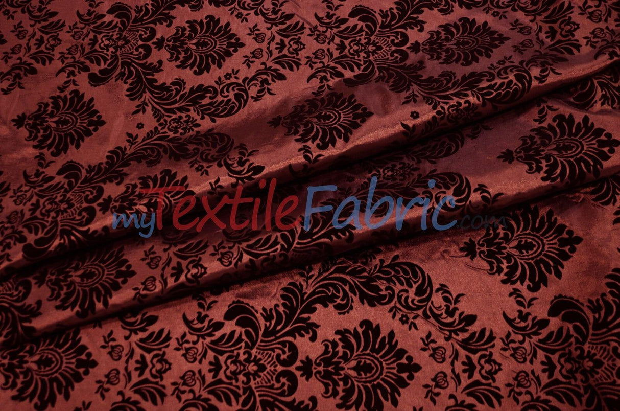 Damask Flocking Taffeta | Flocking Velvet Damask on Taffeta Fabric | 60" Wide | Curtains, Apparel, Cosplay, Costume, Decor | Fabric mytextilefabric Yards Burgundy Damask