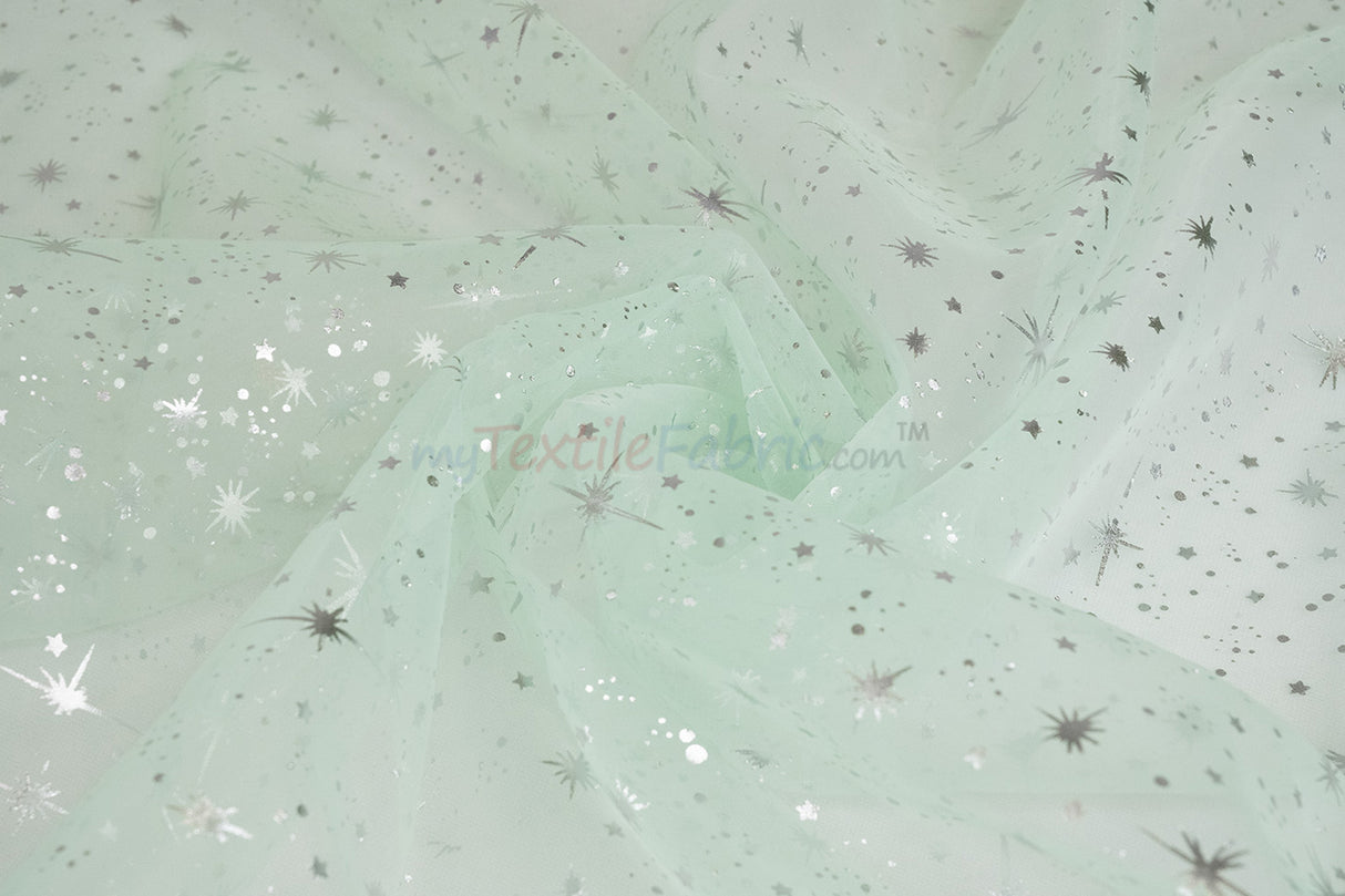 Shooting Star Foil Organza Fabric| 60" Wide | Sheer Organza with Foil Silver Metallic Star | Decor, Overlays, Accents, Dresses, Apparel |