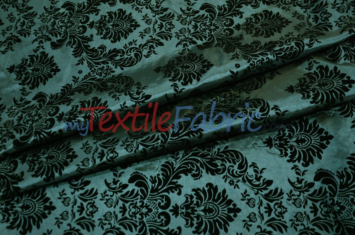 Damask Flocking Taffeta | Flocking Velvet Damask on Taffeta Fabric | 60" Wide | Curtains, Apparel, Cosplay, Costume, Decor | Fabric mytextilefabric Yards Hunter Green Damask