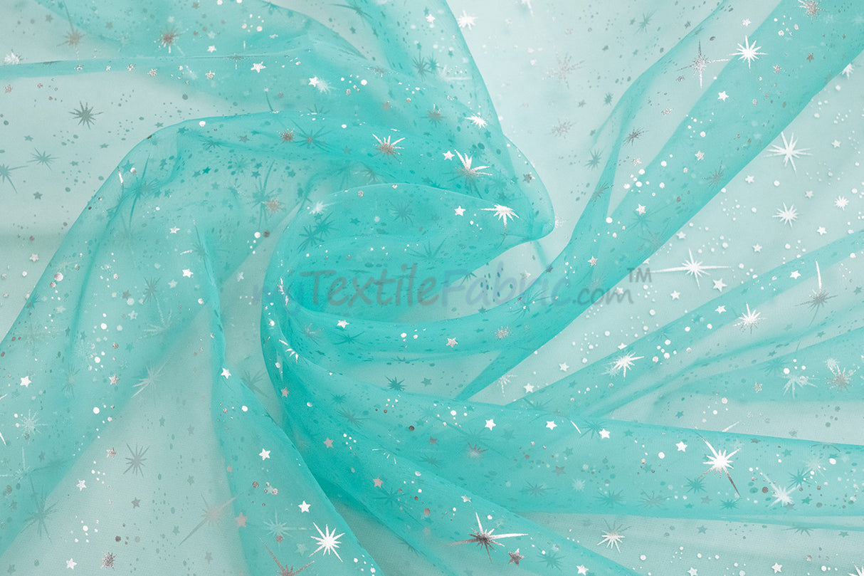 Shooting Star Foil Organza Fabric| 60" Wide | Sheer Organza with Foil Silver Metallic Star | Decor, Overlays, Accents, Dresses, Apparel |