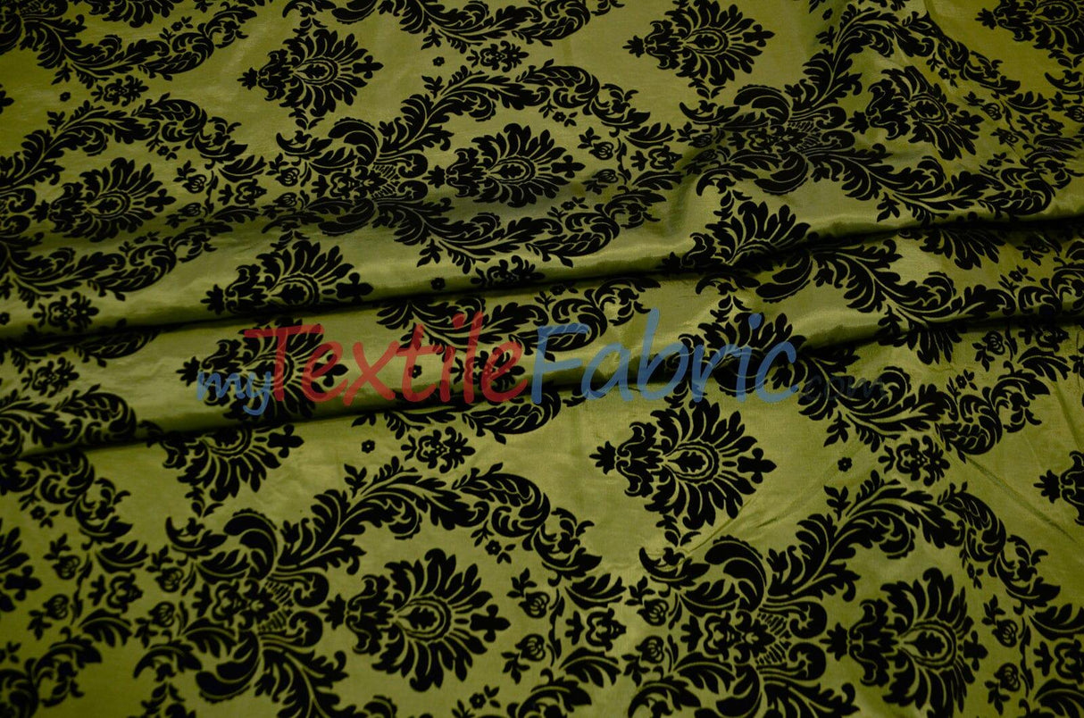Damask Flocking Taffeta | Flocking Velvet Damask on Taffeta Fabric | 60" Wide | Curtains, Apparel, Cosplay, Costume, Decor | Fabric mytextilefabric Yards Dark Lime