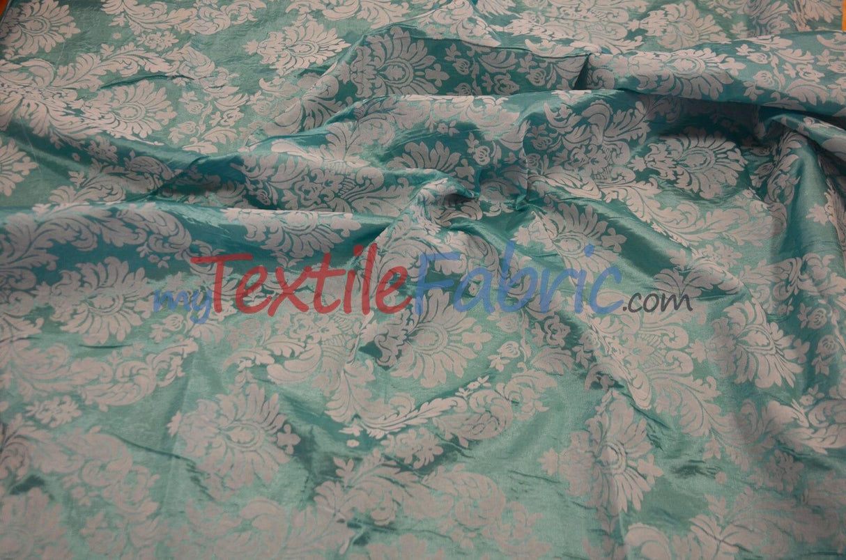Damask Flocking Taffeta | Flocking Velvet Damask on Taffeta Fabric | 60" Wide | Curtains, Apparel, Cosplay, Costume, Decor | Fabric mytextilefabric Yards Aqua White Damask