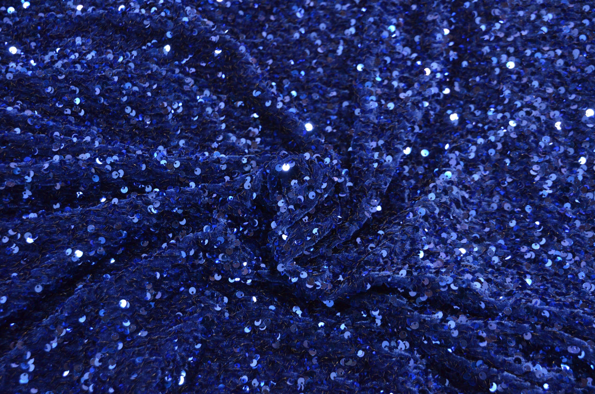 Sequins Stretch Velvet | Sequins on Plush Spandex Velvet | 60" Wide | Multiple Colors | My Textile Fabric Yards Royal Blue (Midnight)