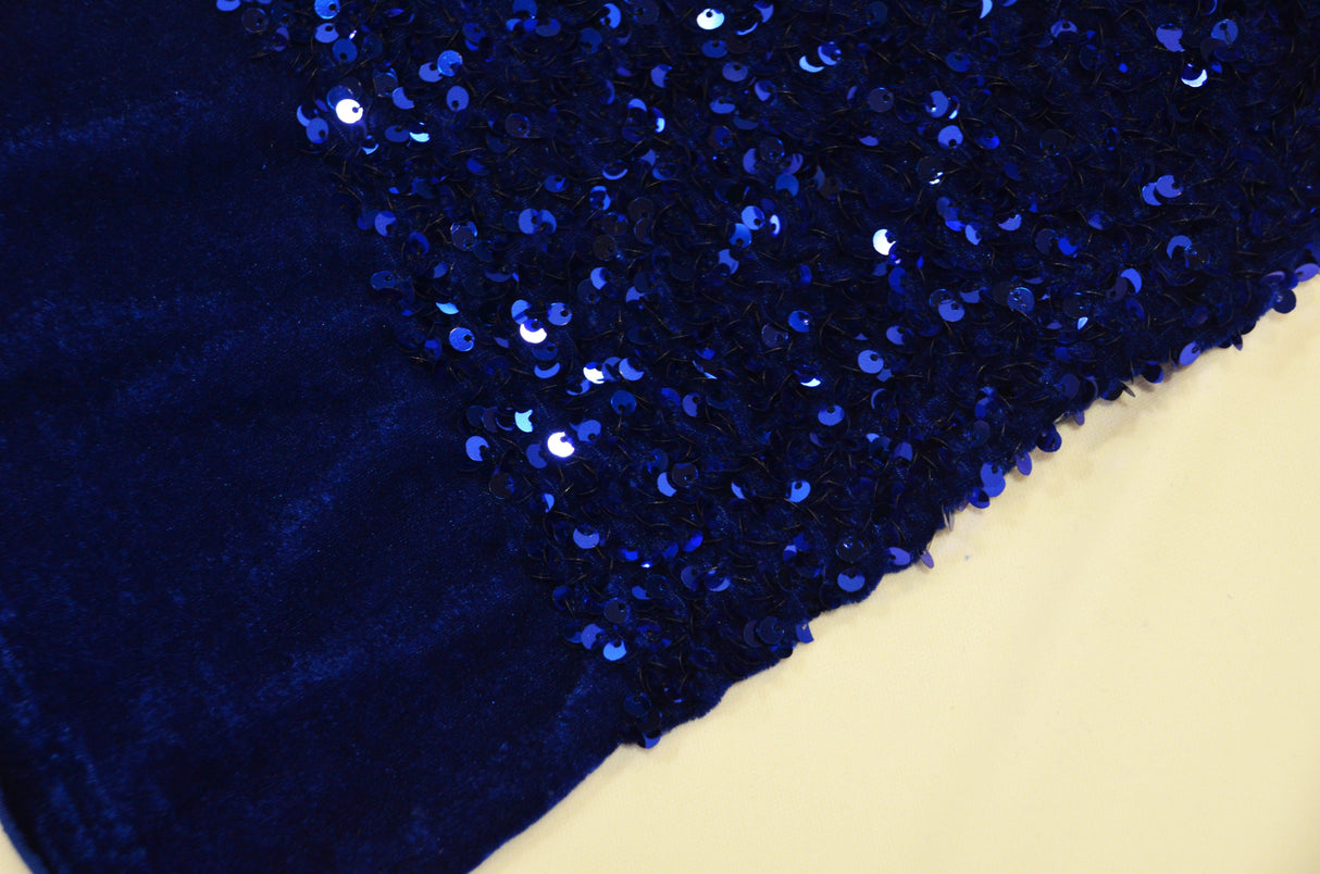Sequins Stretch Velvet | Sequins on Plush Spandex Velvet | 60" Wide | Multiple Colors | My Textile Fabric 3"x3" Sample Swatch Royal Blue (Midnight)