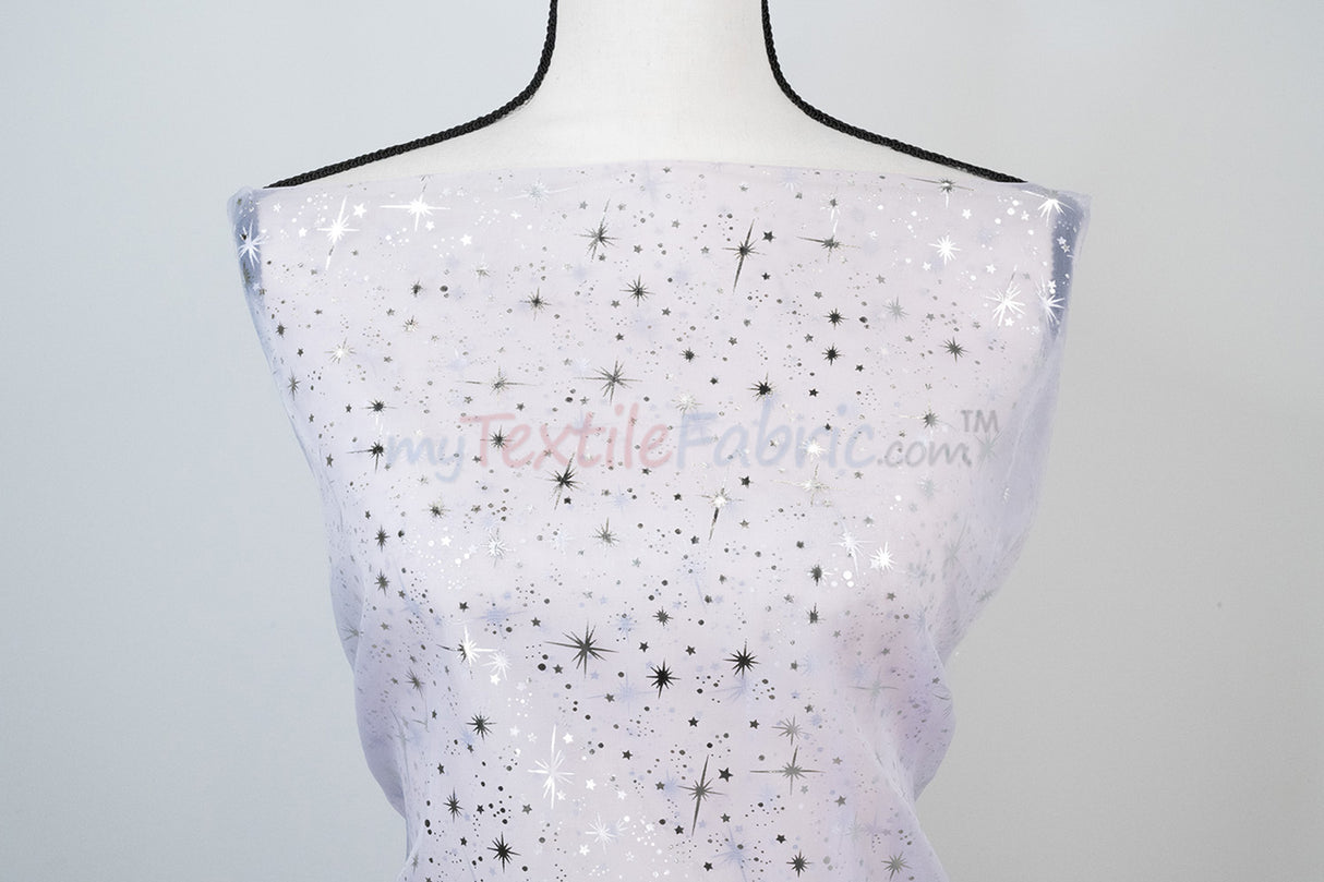 Shooting Star Foil Organza Fabric| 60" Wide | Sheer Organza with Foil Silver Metallic Star | Decor, Overlays, Accents, Dresses, Apparel |