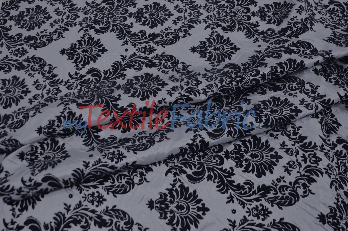 Damask Flocking Taffeta | Flocking Velvet Damask on Taffeta Fabric | 60" Wide | Curtains, Apparel, Cosplay, Costume, Decor | Fabric mytextilefabric Yards Silver
