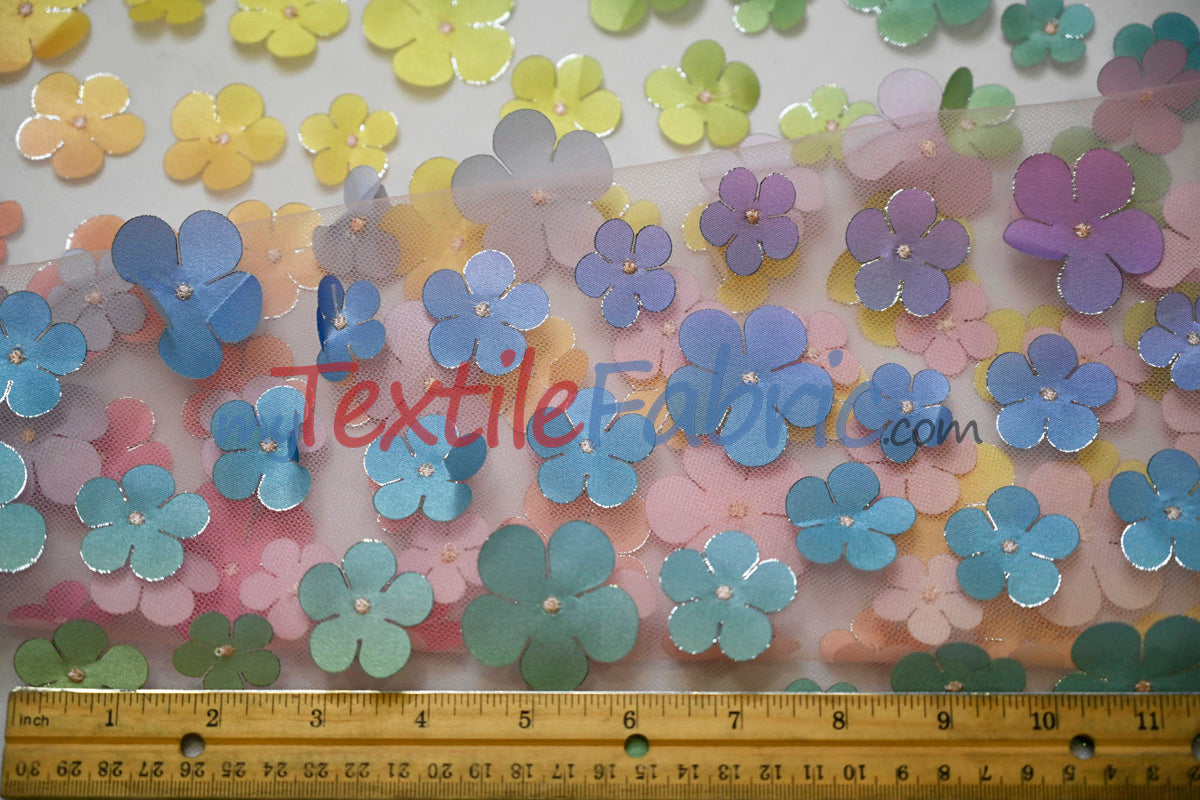 3D Floral Ombre on Tulle | Vibrant Rainbow Colors | Lightweight & Soft | 54” Wide | Ideal for Apparel & Costumes