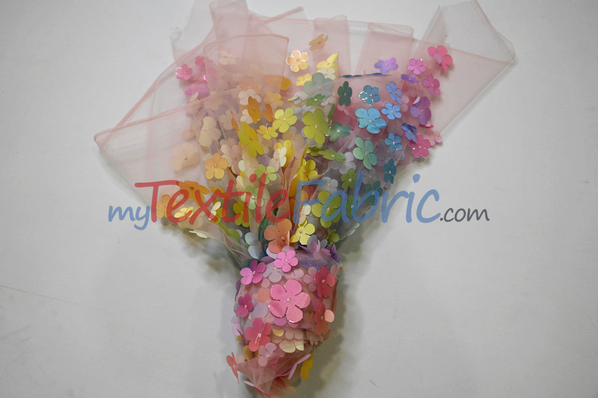 3D Floral Ombre on Tulle | Vibrant Rainbow Colors | Lightweight & Soft | 54” Wide | Ideal for Apparel & Costumes