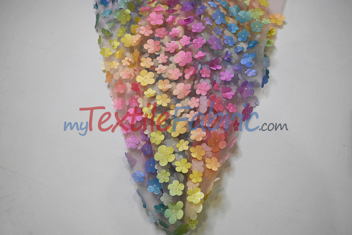 3D Floral Ombre on Tulle | Vibrant Rainbow Colors | Lightweight & Soft | 54” Wide | Ideal for Apparel & Costumes