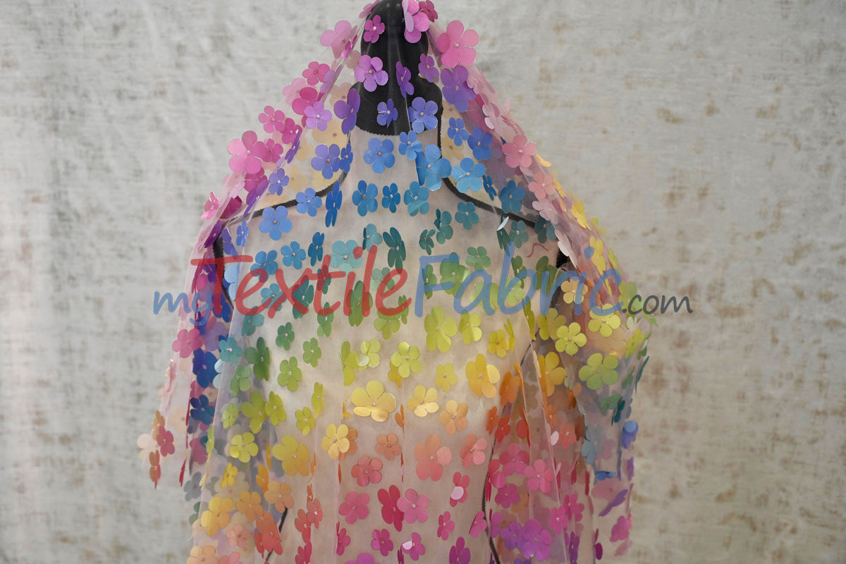 3D Floral Ombre on Tulle | Vibrant Rainbow Colors | Lightweight & Soft | 54” Wide | Ideal for Apparel & Costumes
