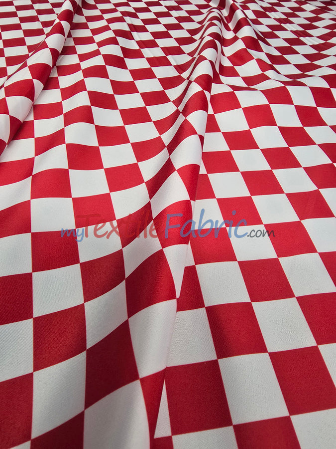 1" Checkered Satin Fabric | Racing Flag Pattern | Lamour Dull Satin Print | 60" Wide | Available in Black & White, Red & White