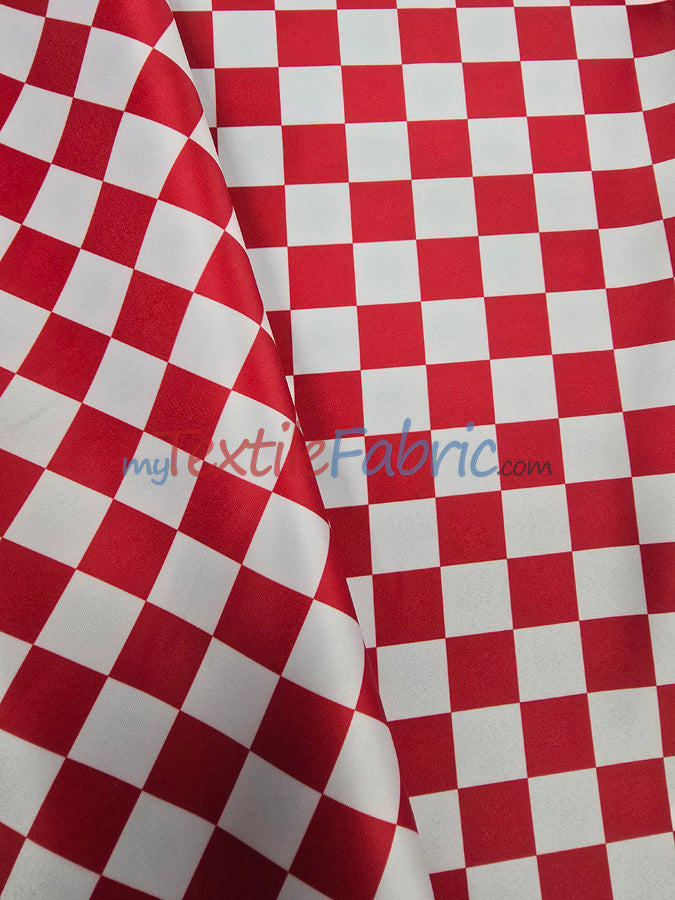 1" Checkered Satin Fabric | Racing Flag Pattern | Lamour Dull Satin Print | 60" Wide | Available in Black & White, Red & White