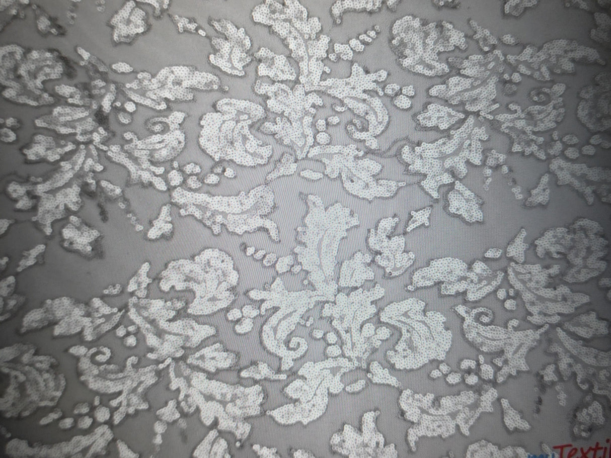 Silver Wendy Lace Sequins Fabric | Bridal Metallic Lace with Sequins | 54" Wide |