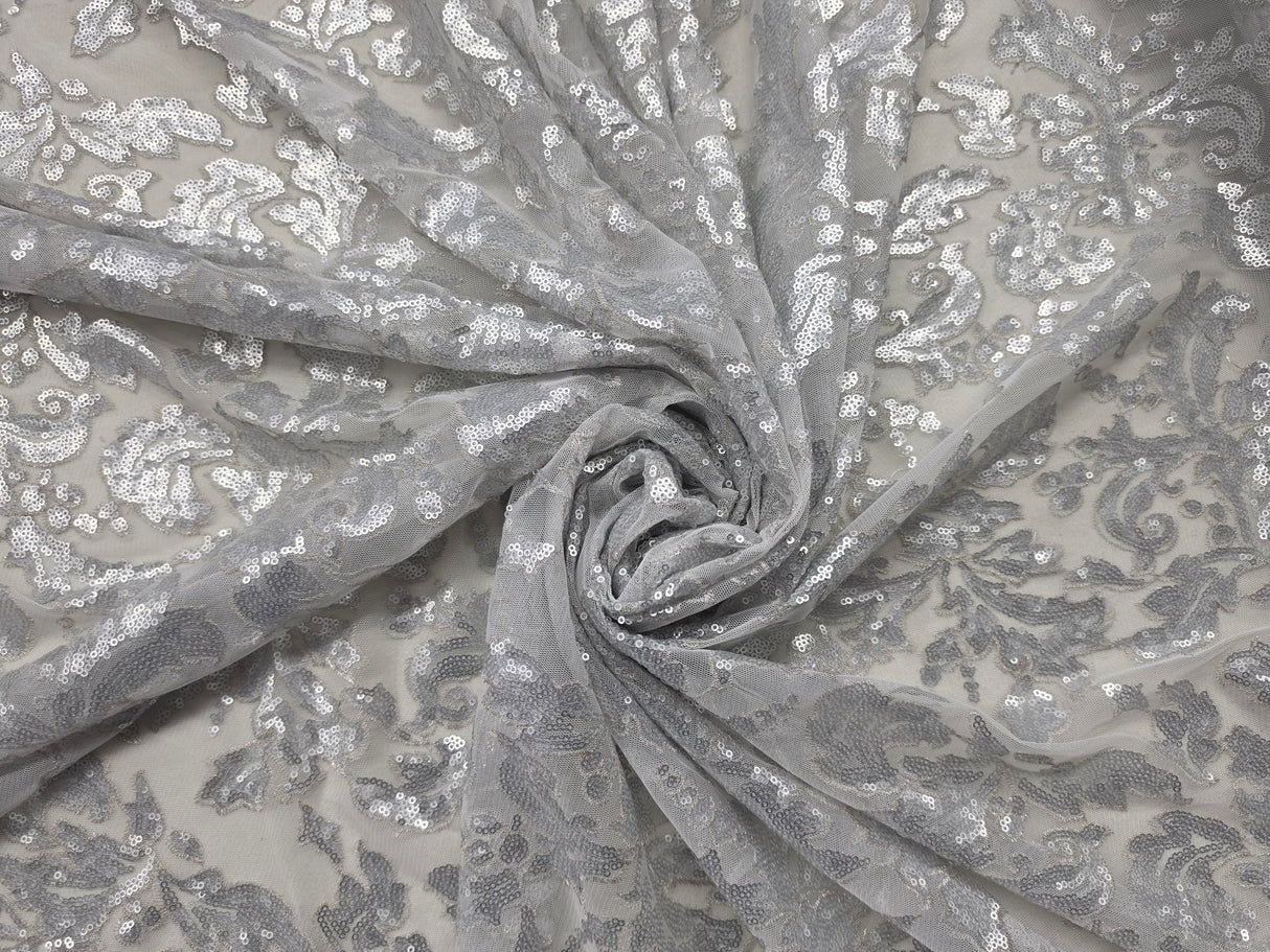 Silver Wendy Lace Sequins Fabric | Bridal Metallic Lace with Sequins | 54" Wide |
