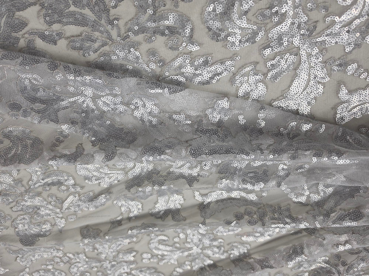 Silver Wendy Lace Sequins Fabric | Bridal Metallic Lace with Sequins | 54" Wide |