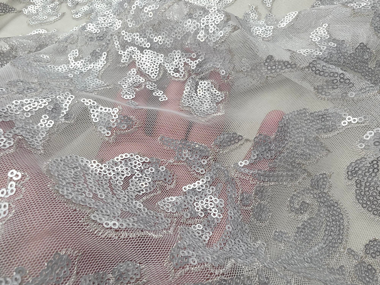 Silver Wendy Lace Sequins Fabric | Bridal Metallic Lace with Sequins | 54" Wide |