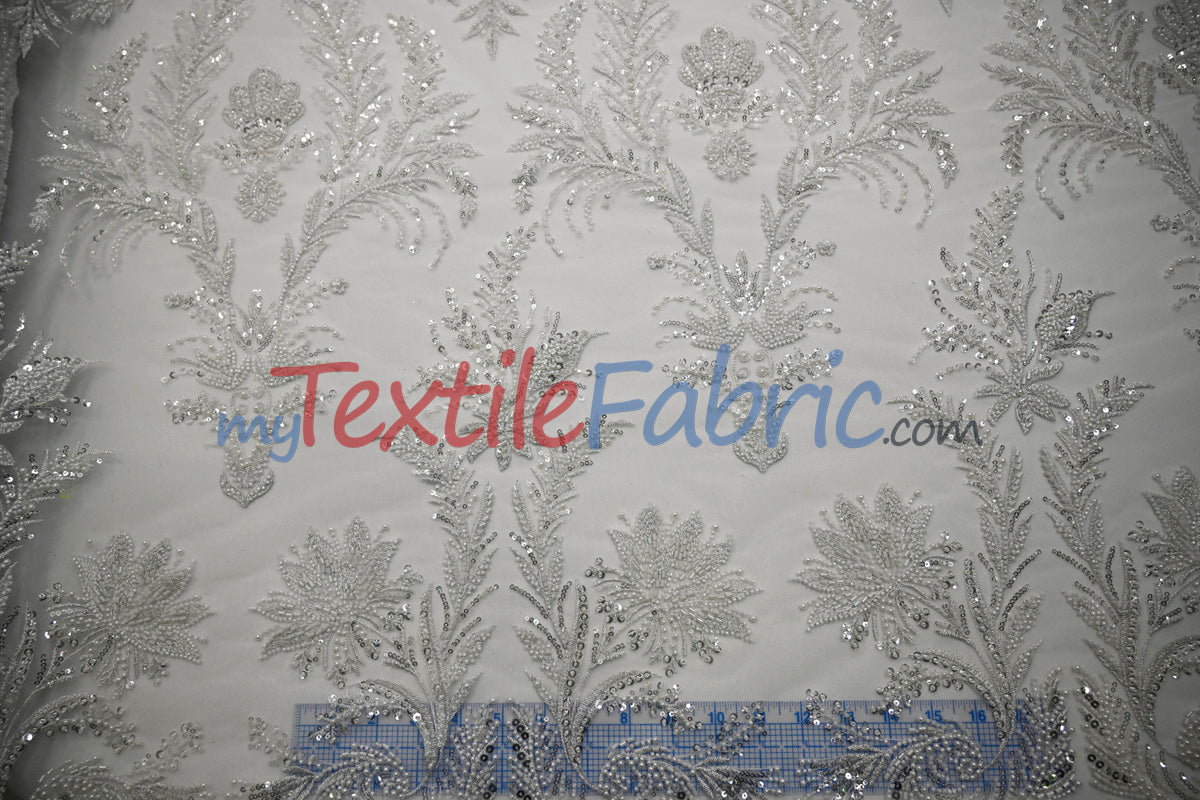 Beaded Lace Design 8489 | French Mesh Embroidery | Wedding White | 54" Wide | Bridal Fabric