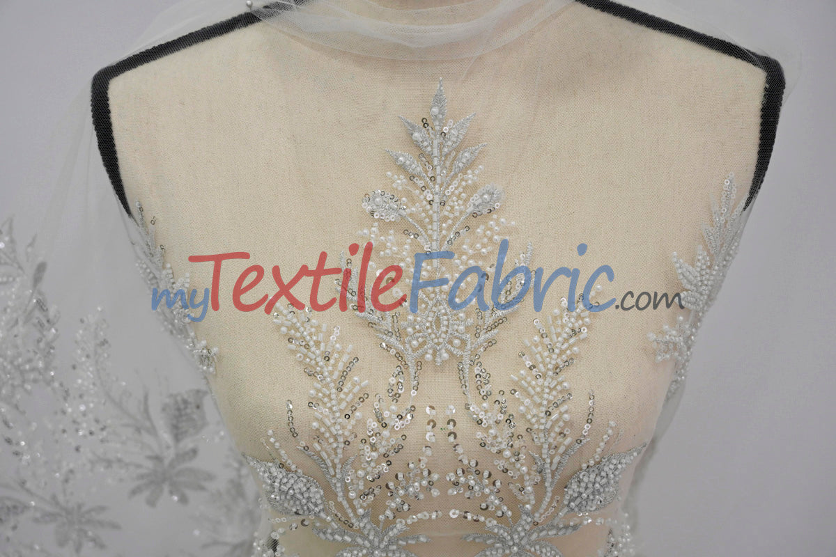 Beaded Lace Design 8489 | French Mesh Embroidery | Wedding White | 54" Wide | Bridal Fabric