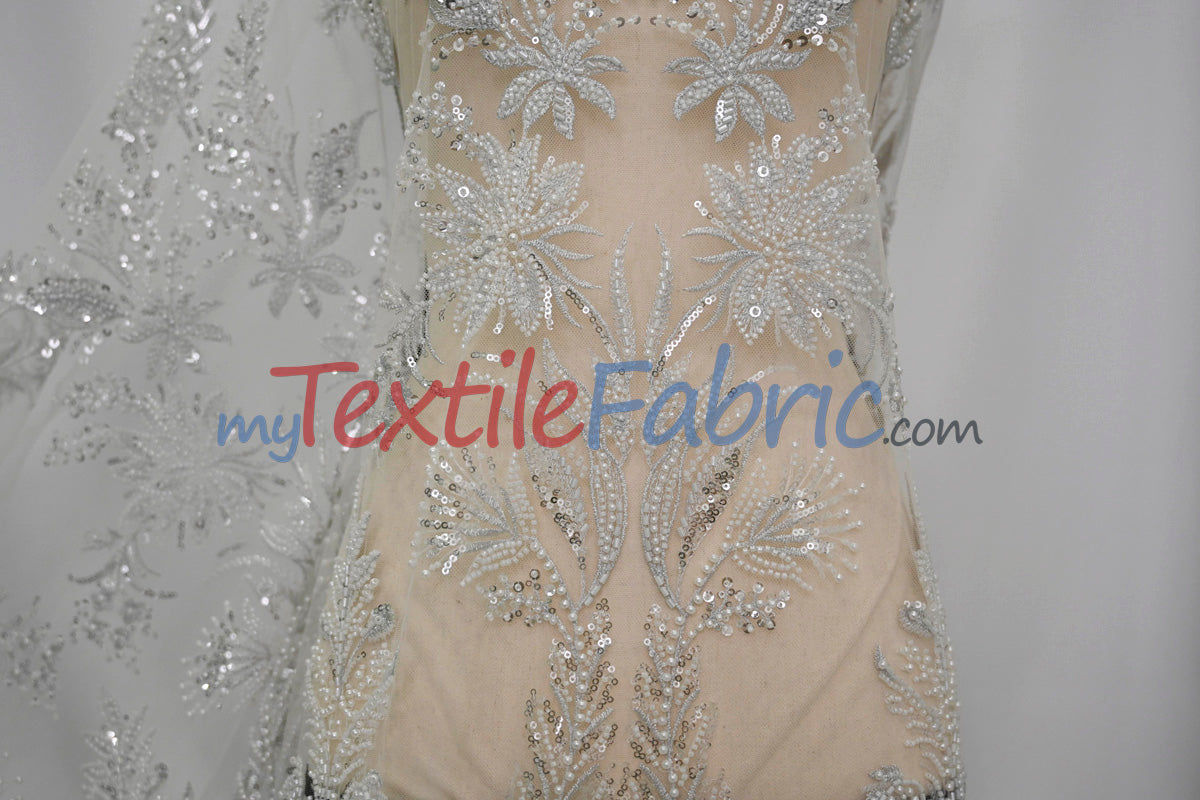 Beaded Lace Design 8489 | French Mesh Embroidery | Wedding White | 54" Wide | Bridal Fabric