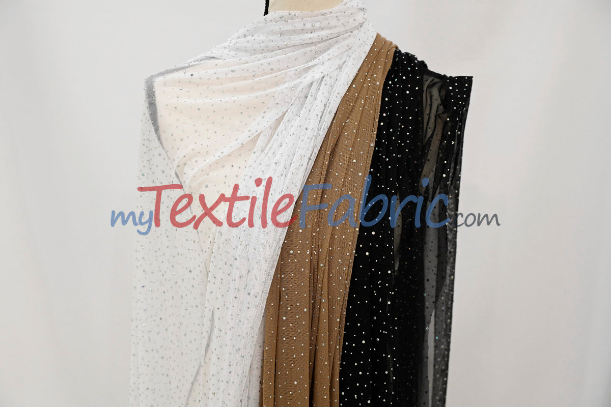 Rhinestone Stretch Power Mesh Fabric | Iridescent Crystal Embellished | Soft & Lightweight | 58″ Wide | Ideal for Dancewear & Costumes
