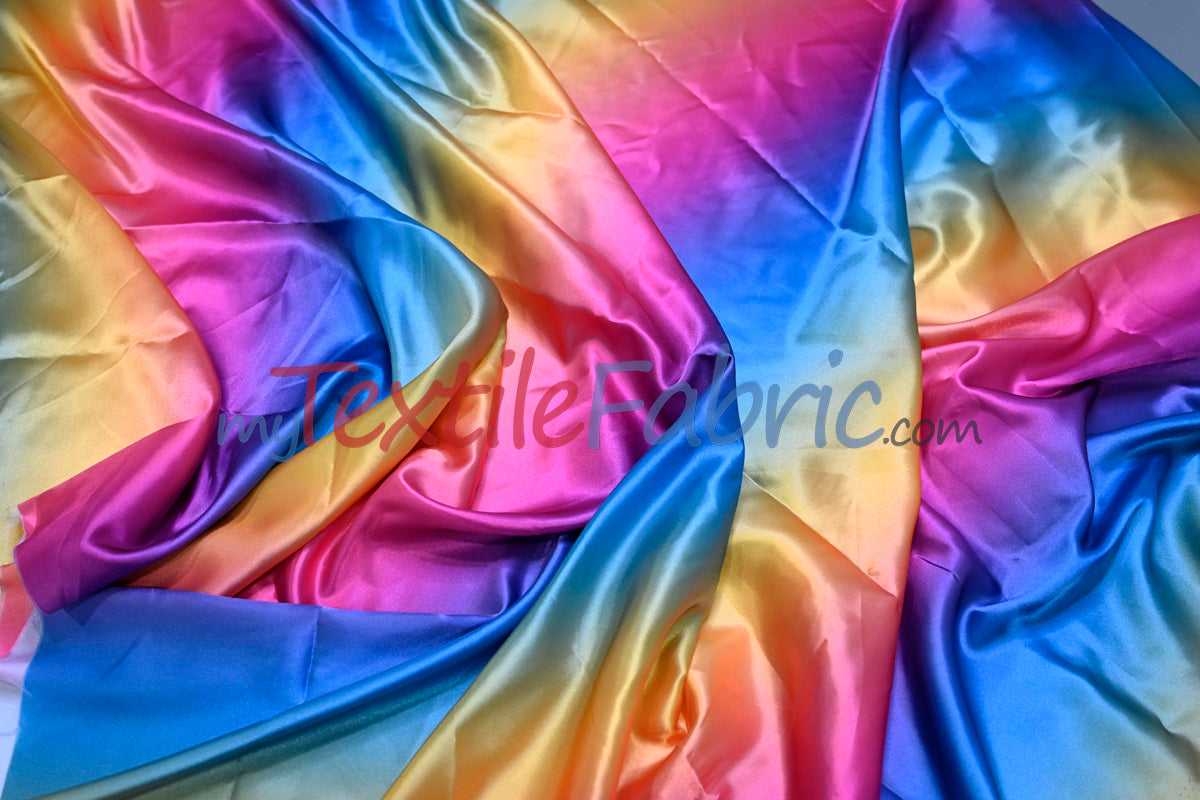Multi Color Rainbow Satin Fabric | Rainbow Charmeuse Fabric | Ombre Satin Fabric | 60" Wide | Silky Soft Satin in a Rainbow color wave |