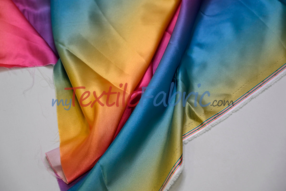 Multi Color Rainbow Satin Fabric | Rainbow Charmeuse Fabric | Ombre Satin Fabric | 60" Wide | Silky Soft Satin in a Rainbow color wave |