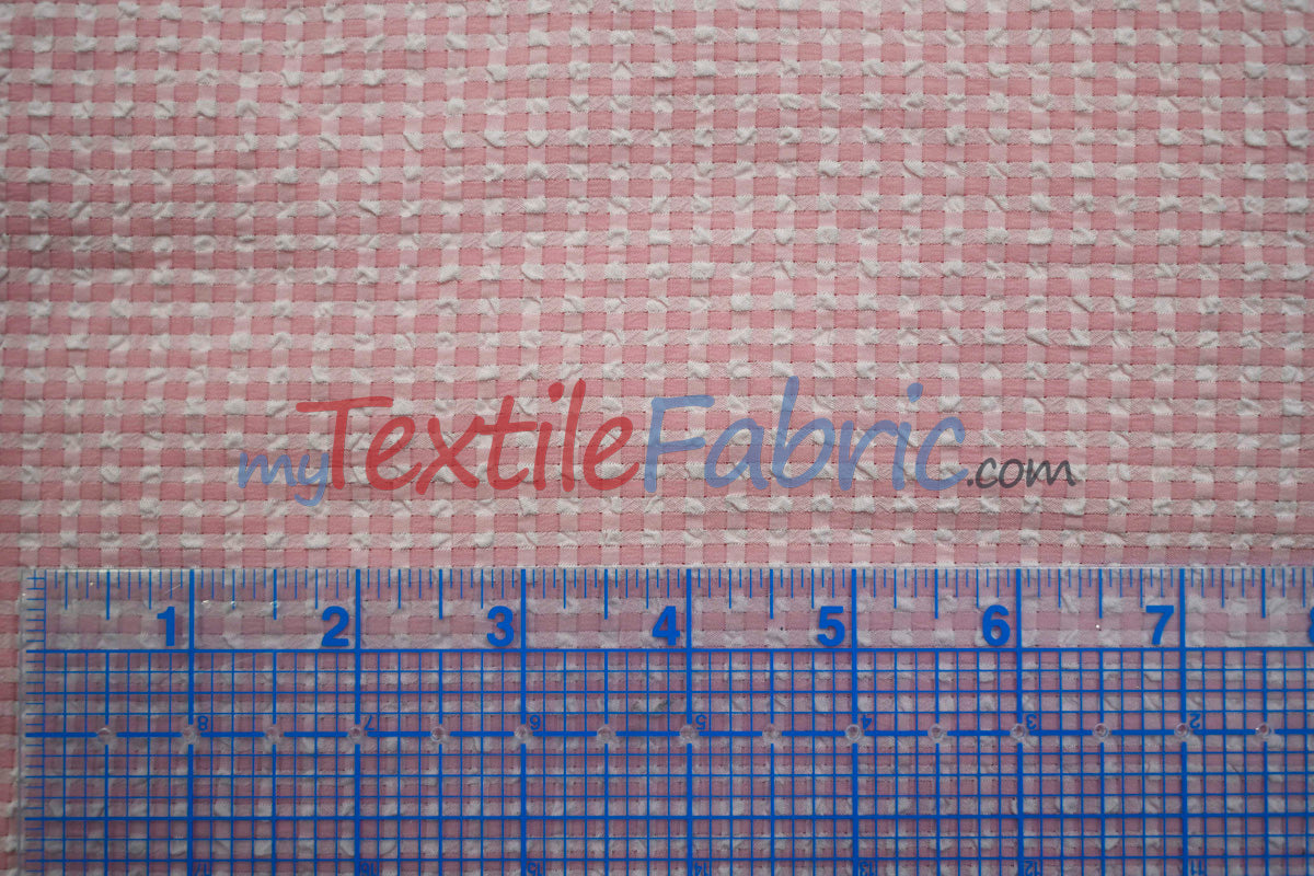 Gingham Seersucker Fabric | 100% Polyester | Mechanical Stretch | 57/59" Wide | Lightweight 115 GSM