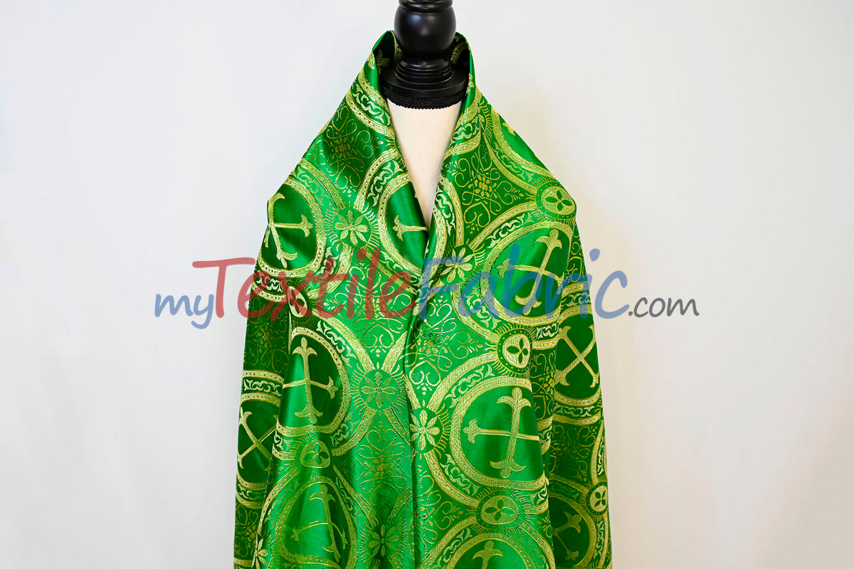 Circular Cross Liturgical Brocade Fabric | 60" Wide | Metallic Brocade by the Yard |