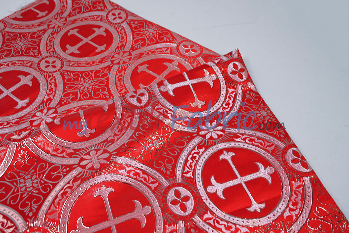Circular Cross Liturgical Brocade Fabric | 60" Wide | Metallic Brocade by the Yard |