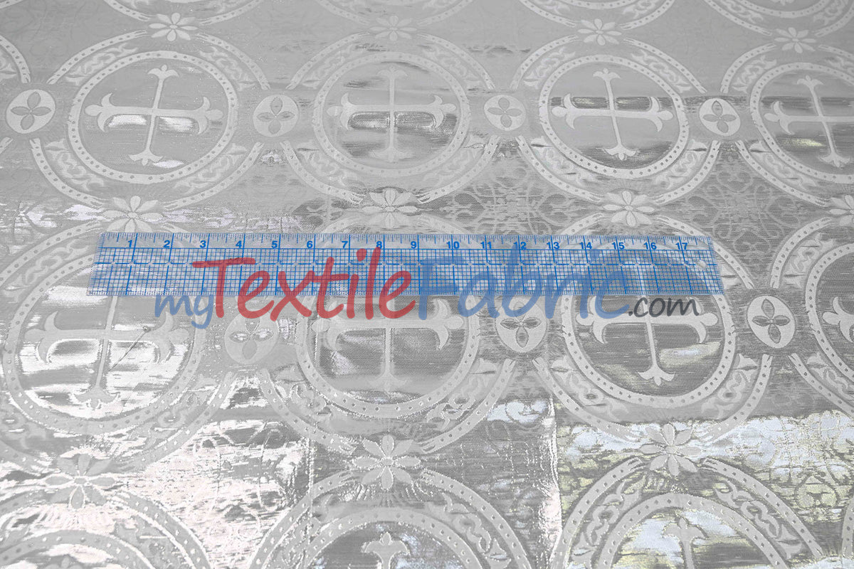 Circular Cross Liturgical Brocade Fabric | 60" Wide | Metallic Brocade by the Yard |