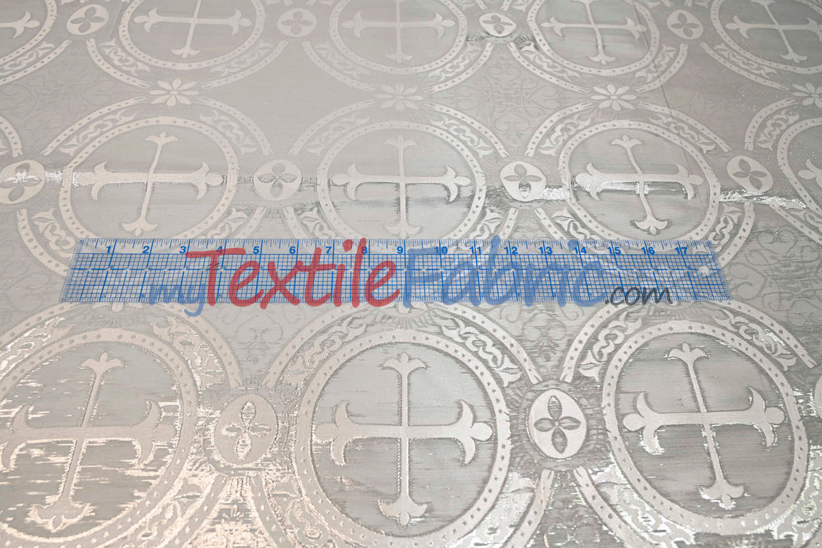 Circular Cross Liturgical Brocade Fabric | 60" Wide | Metallic Brocade by the Yard |