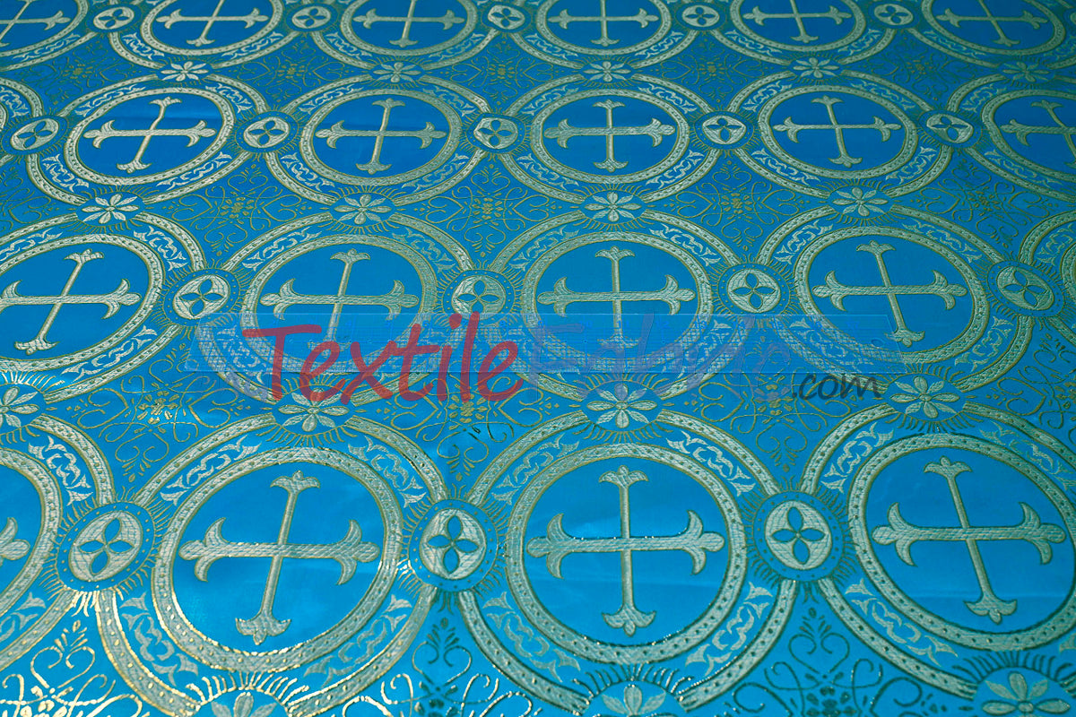 Circular Cross Liturgical Brocade Fabric | 60" Wide | Metallic Brocade by the Yard |