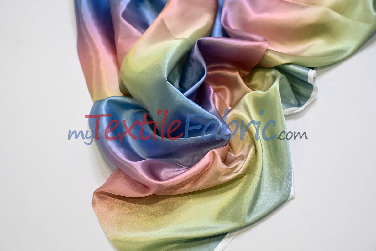 Multi Color Rainbow Satin Fabric | Rainbow Charmeuse Fabric | Ombre Satin Fabric | 60" Wide | Silky Soft Satin in a Rainbow color wave |