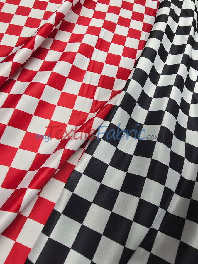 1" Checkered Satin Fabric | Racing Flag Pattern | Lamour Dull Satin Print | 60" Wide | Available in Black & White, Red & White
