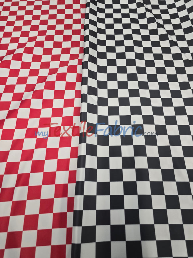 1" Checkered Satin Fabric | Racing Flag Pattern | Lamour Dull Satin Print | 60" Wide | Available in Black & White, Red & White