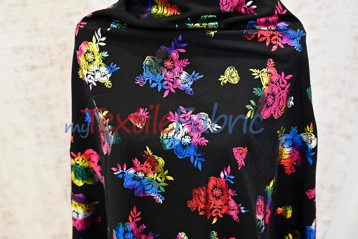 Floral Holographic Foil on Peachskin | Soft & Lightweight | 60” Wide | Ideal for Fashion & Costumes