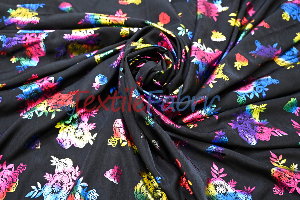 Floral Holographic Foil on Peachskin | Soft & Lightweight | 60” Wide | Ideal for Fashion & Costumes